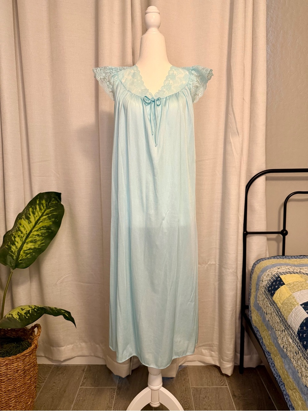 Vintage 70s 80s Baby Blue Lace Nightgown Maxi Dress | Pastel Blue Nylon Cap Slee